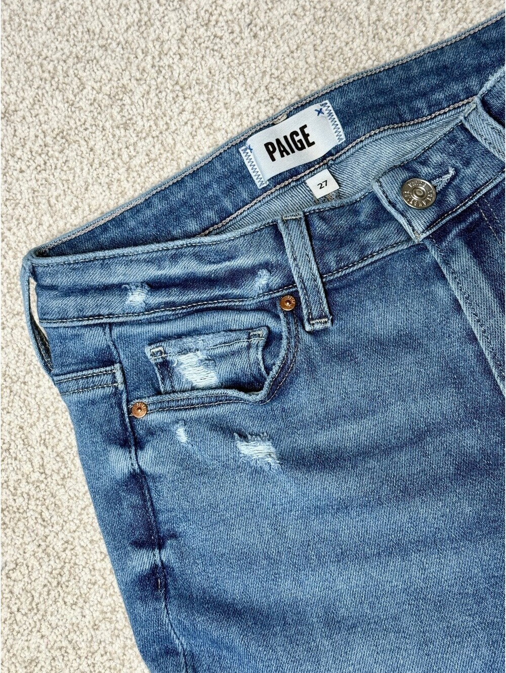 PAIGE Le One Skinny Jeans Size 27 Blue Distressed Cropped Raw Hem Stretch Denim